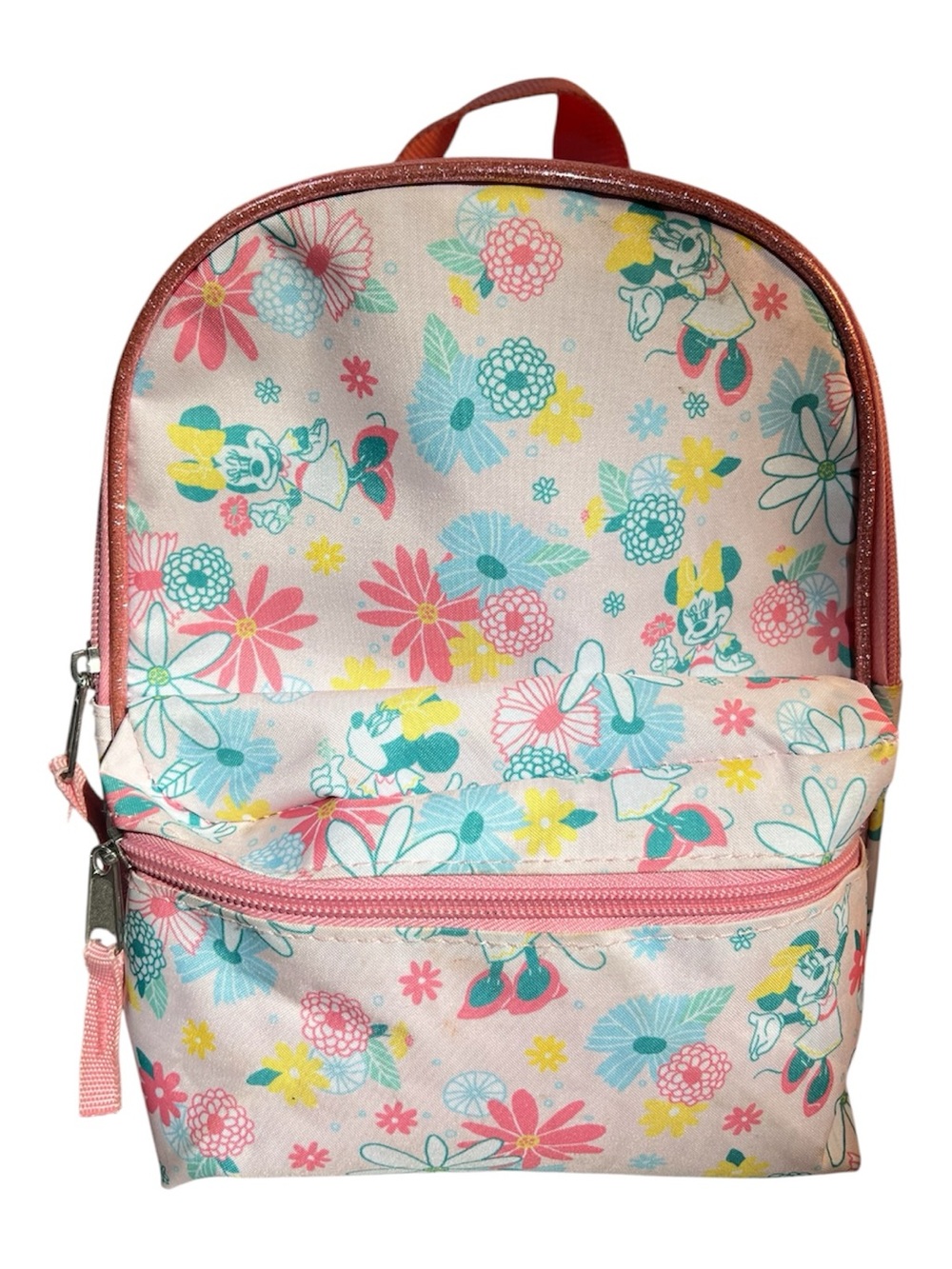 Soft Pink Minnie Mouse & Colorful Mini Backpack with Glittery Pink Trim.
